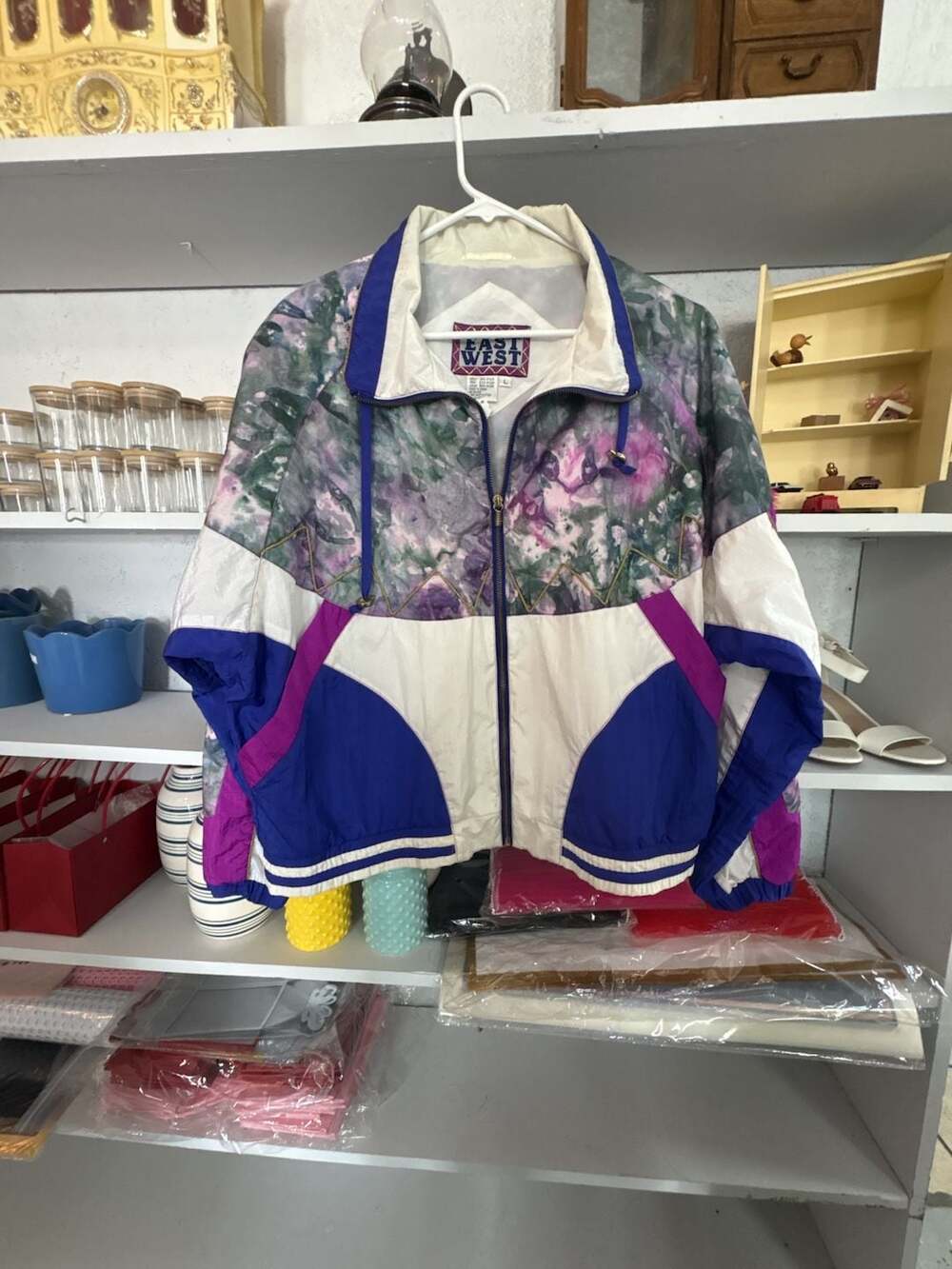 East West Windbreaker Jacket Size L Purple White Floral 90s